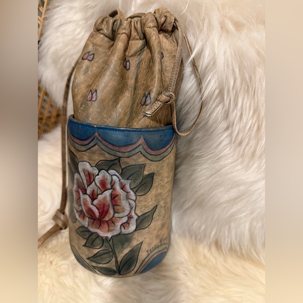 Fancy Nancy Hand-Painted Floral Tan and Blue Bucket drawstring Bag